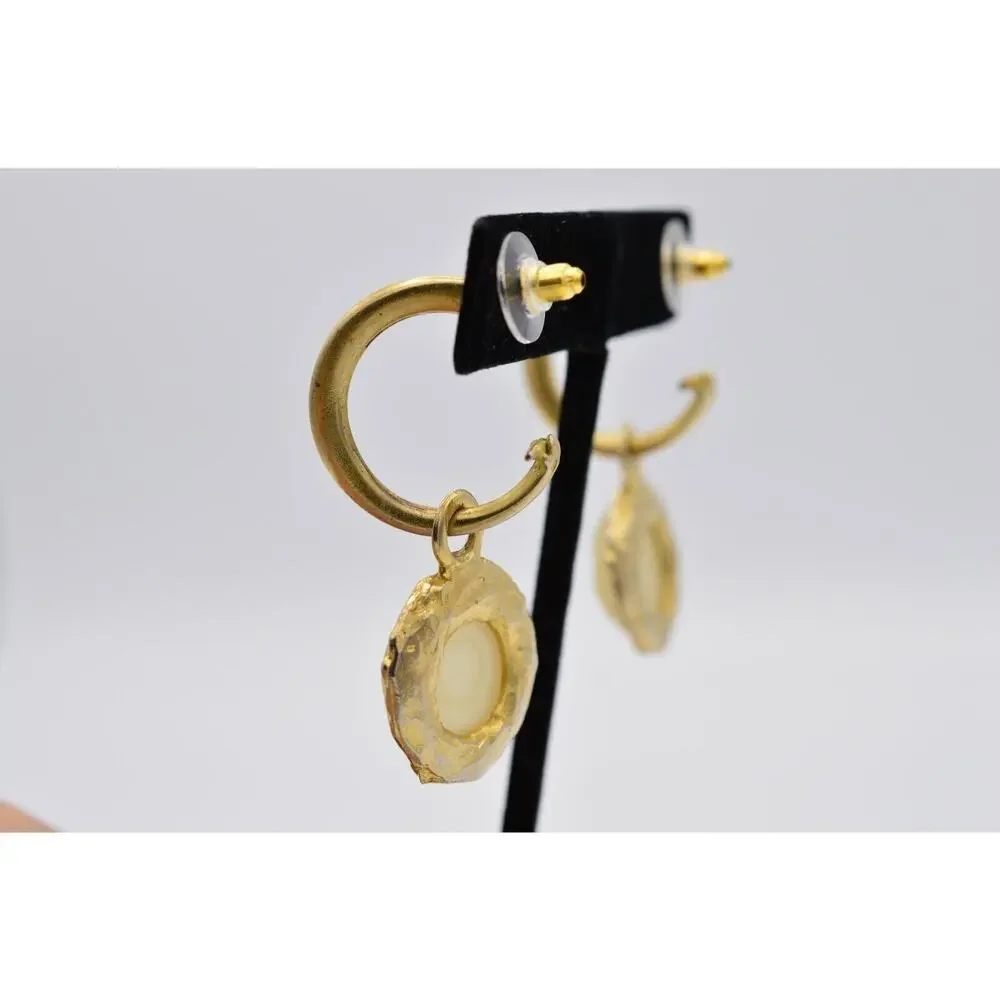 Vintage Cabochon Earrings Brushed Gold Dangle Frosted Milky Bead 1980s BinAA
